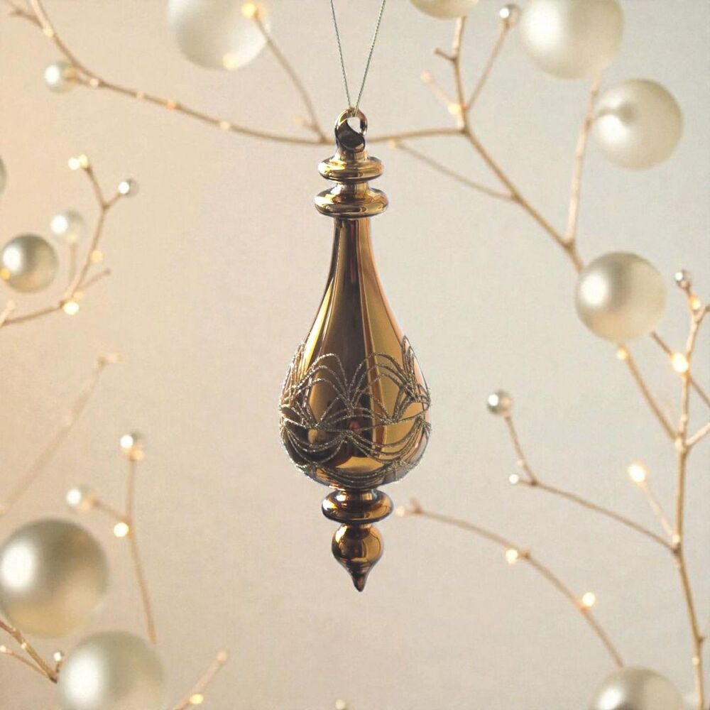 Glitter Brass Gold Elegant Hand Blown Glass Christmas Finial Ornament Decoration